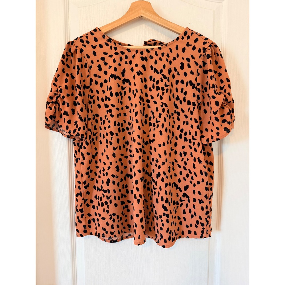 Papermoon Womens Leopard Print Tie Back Puff Sleeve Blouse Terracotta Orange M